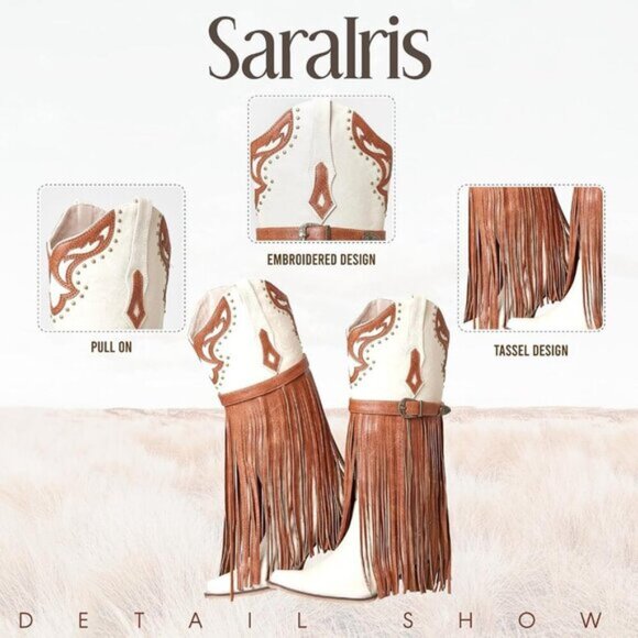 ⭐ SaraIris Women's Western Booties | Pointed Toe, Chunky Heel, Embroidered Fring - Picture 3 of 7